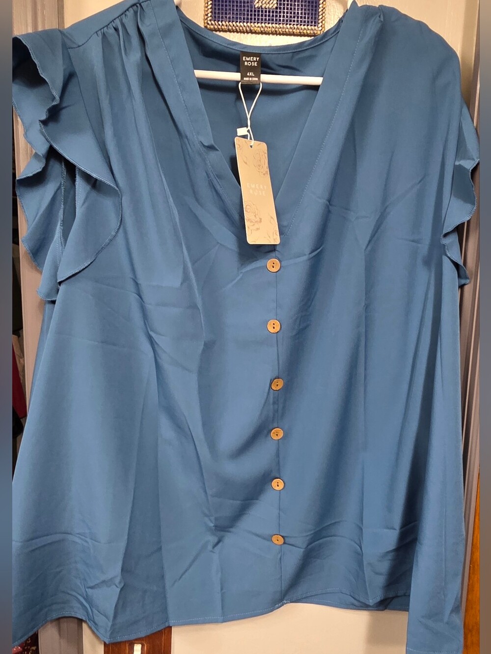 Emery Rose Blue V-Neck Button Front Ruffle Sleeve Blouse
